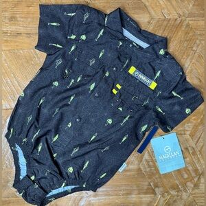 Magellan Outdoors Shirt onesie Halloween web print w skull bobbers print